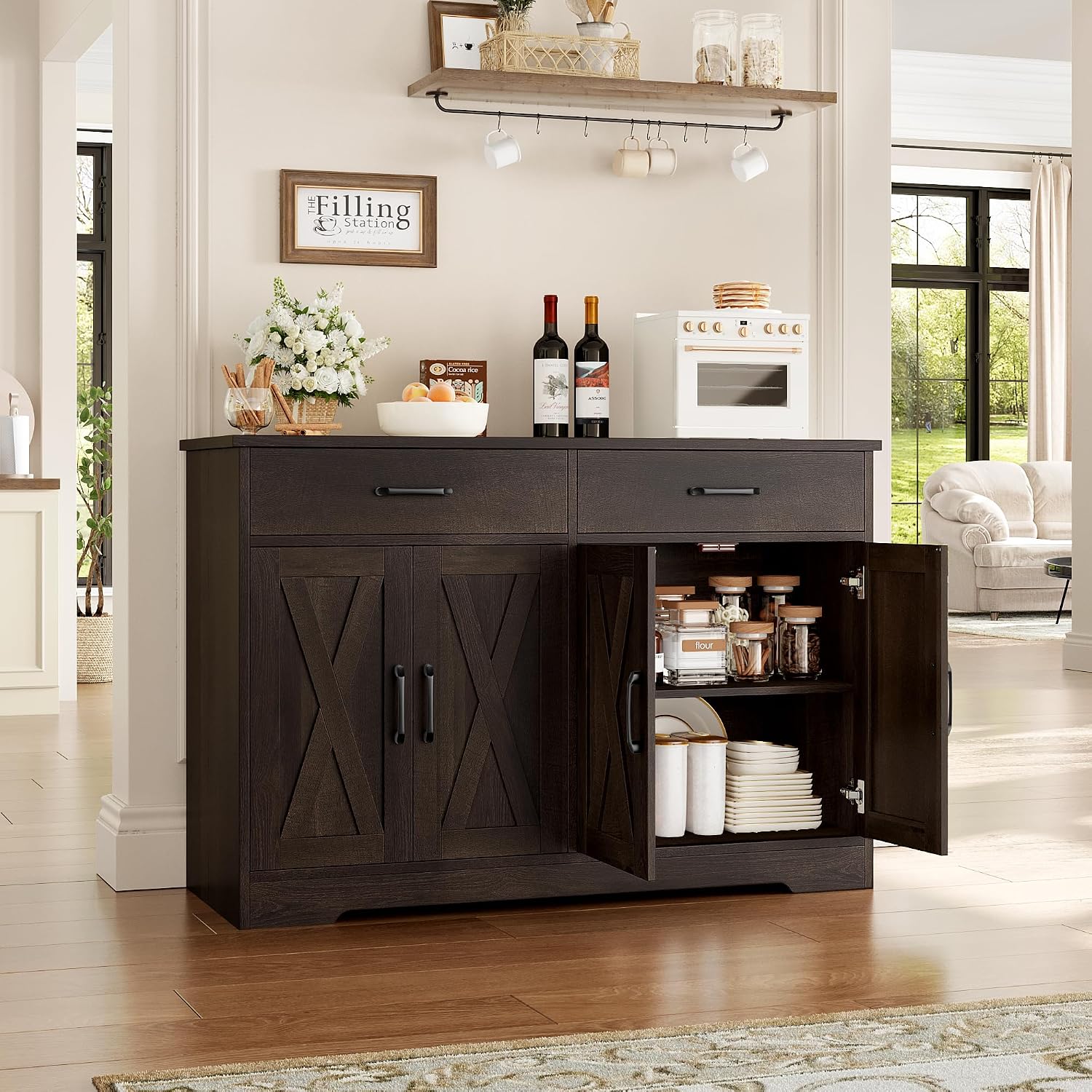 HOSTACK Buffet Cabinet with Storage, 47.2' Kitchen Sideboard Buffet with Drawers, Modern Farmhouse Coffee Bar Station with Shelves, Barn Doors Storage Cabinet for Living Room, Dark Brown