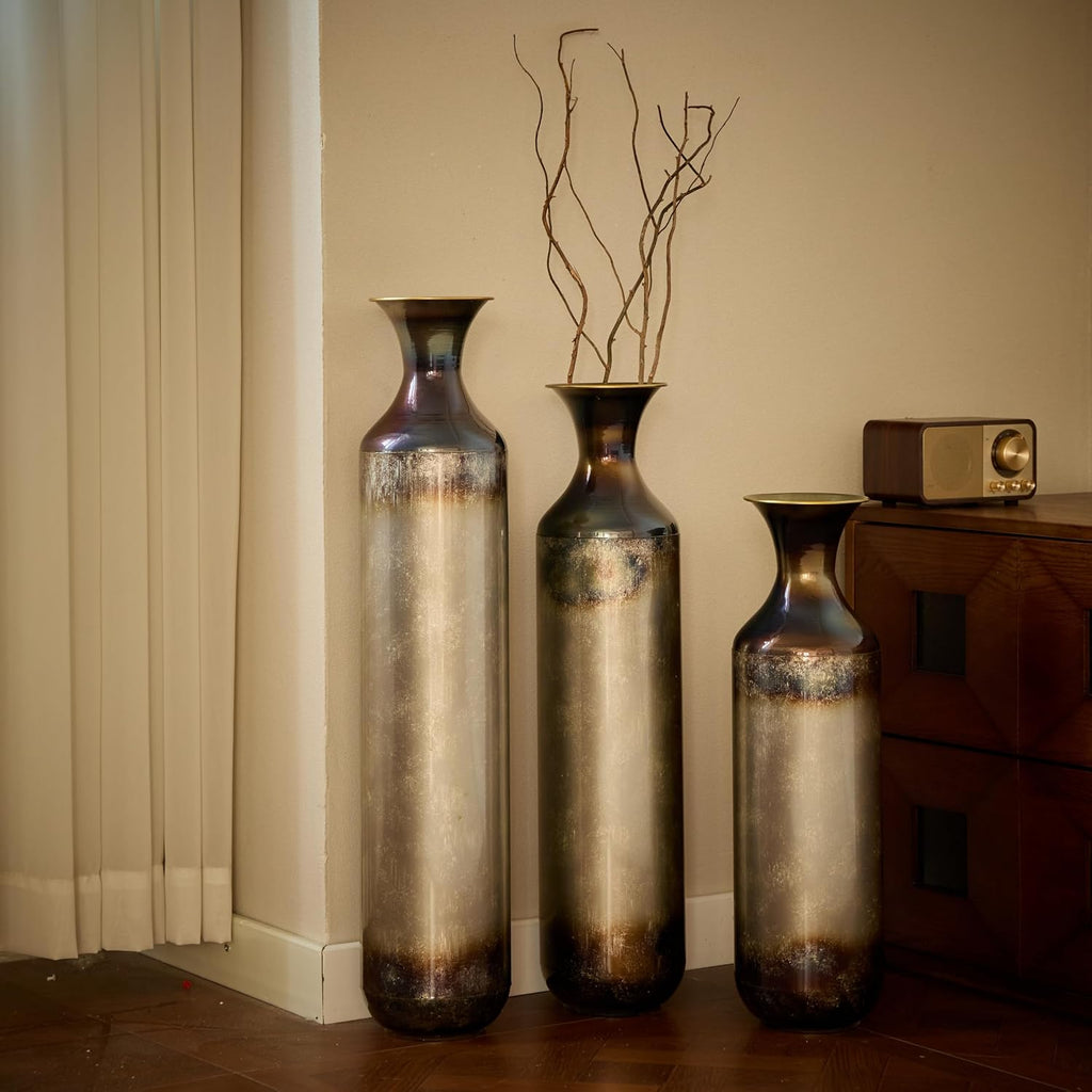 Floor Vases, Tall Home Decor Metal Vase Set of 3 Large Glazed Decorative Vases for Wedding Decor, Elegant Modern Flower Holder for Living Room, Entryway, Hallway