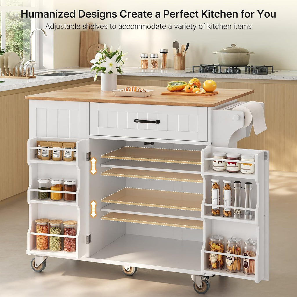 Ahomly Kitchen Island with Storage, 44.49' Kitchen Island with Trash Can Storage, Drop Leaf Rubberwood Top, Knife Holder, Adjustable Shelf, Towel Bar, Drawer, Spice Rack, White