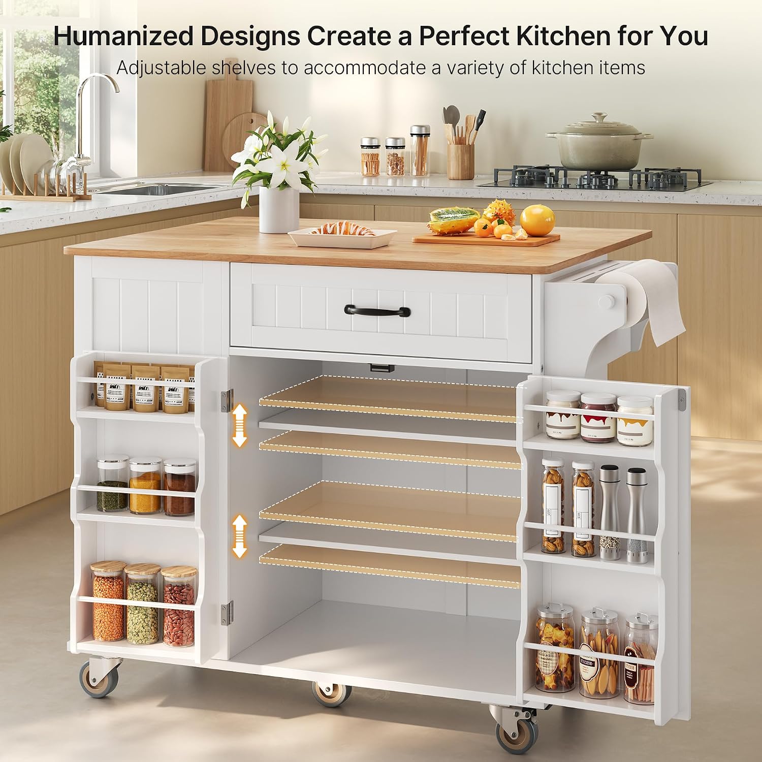 Ahomly Kitchen Island with Storage, 44.49' Kitchen Island with Trash Can Storage, Drop Leaf Rubberwood Top, Knife Holder, Adjustable Shelf, Towel Bar, Drawer, Spice Rack, White