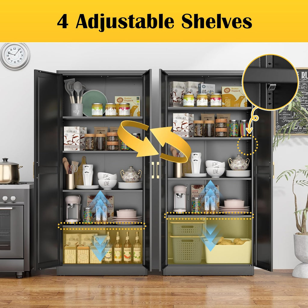 SteeLoong Kitchen Pantry Cabinet,71'Black Metal Pantry Storage Cabinet with Doors and 4 Adjustable Shelves,Kitchen Cabinet with 2 Gold Handles,Tall Cabinet for Livingroom,Pantry, Bathroom