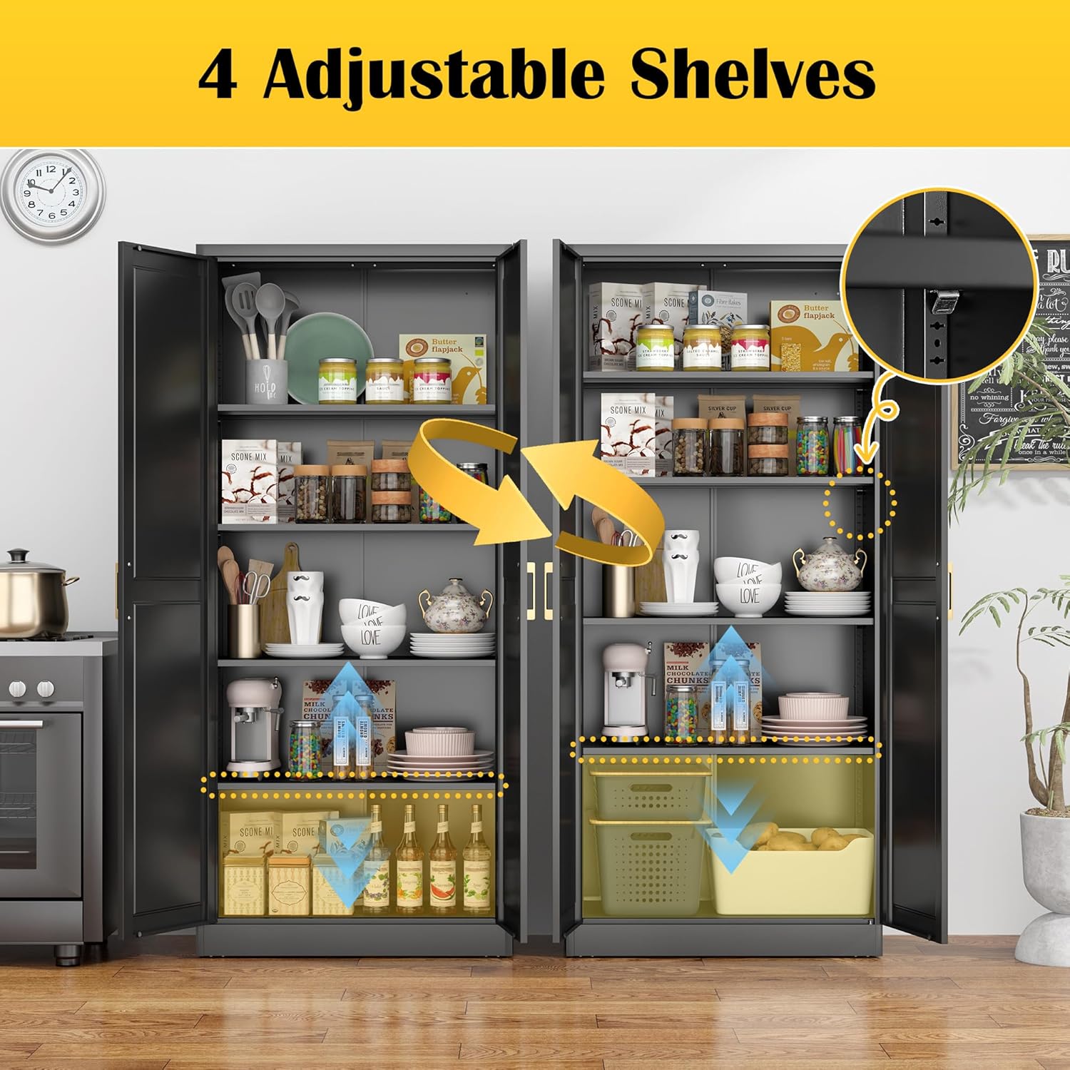 SteeLoong Kitchen Pantry Cabinet,71'Black Metal Pantry Storage Cabinet with Doors and 4 Adjustable Shelves,Kitchen Cabinet with 2 Gold Handles,Tall Cabinet for Livingroom,Pantry, Bathroom