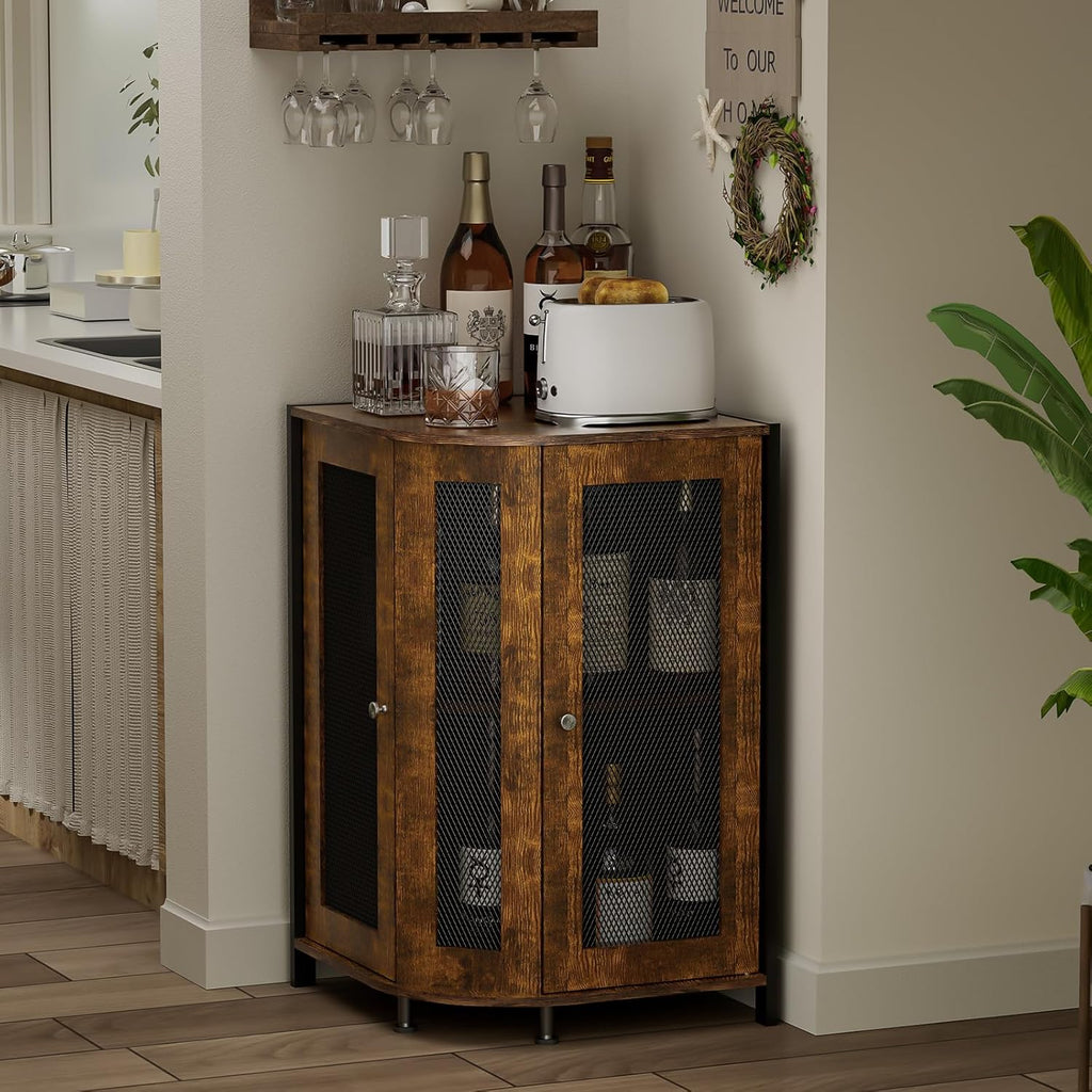 JKsmart Corner Storage Cabinet with Open Shelf, 3-Tier Industrial Wine Bar Shelf with Door, Industrial Corner Cabinet for Kitchen, Dining Room, Rustic Brown