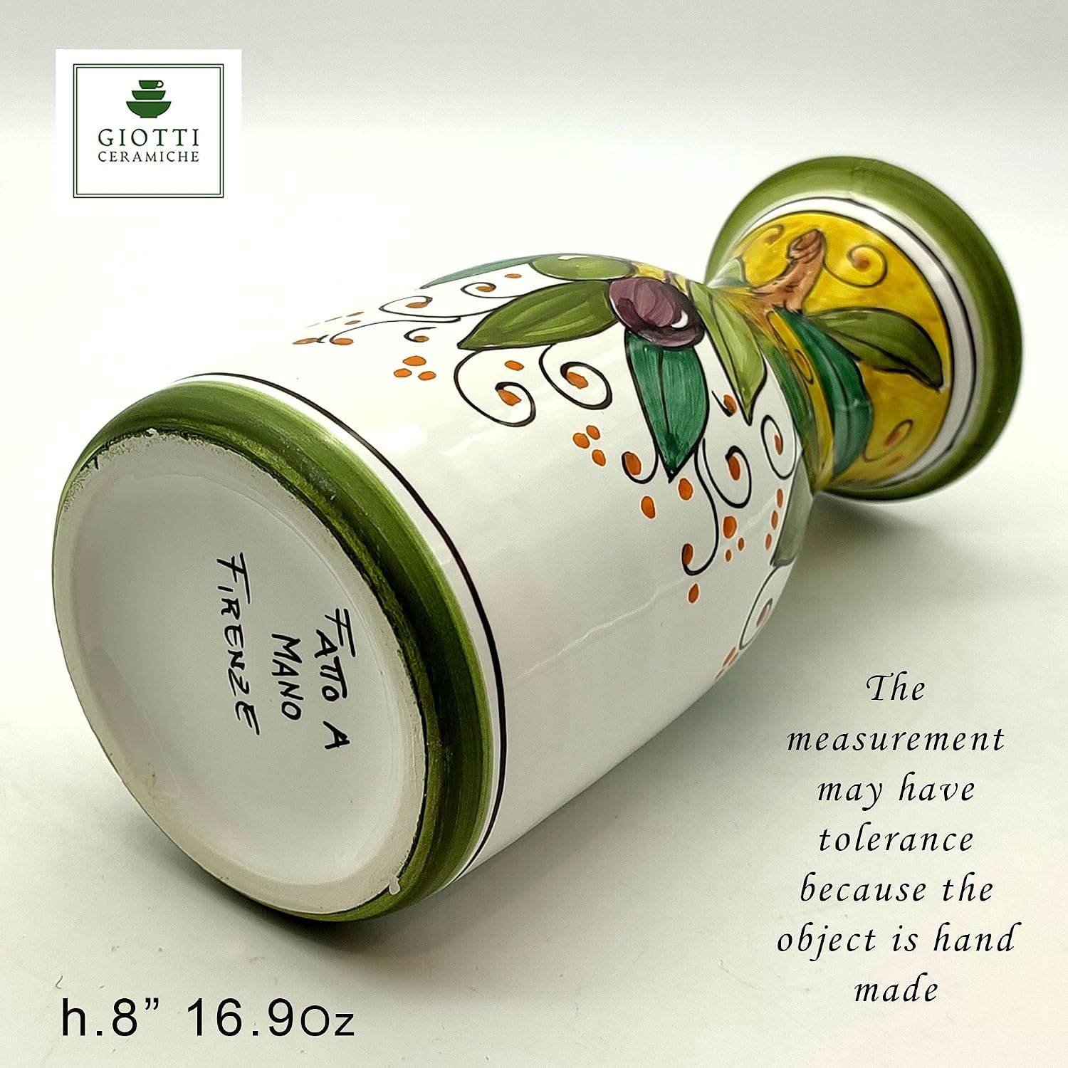 Italian Ceramic Wine Jug Olives - 16.9 oz Hand Painted Utensil Holder Or Carafe Design for Kitchen - Made in ITALY Tuscany - Italian Pottery Vase Jar for Wine - Home Decor Ceramics Dispenser