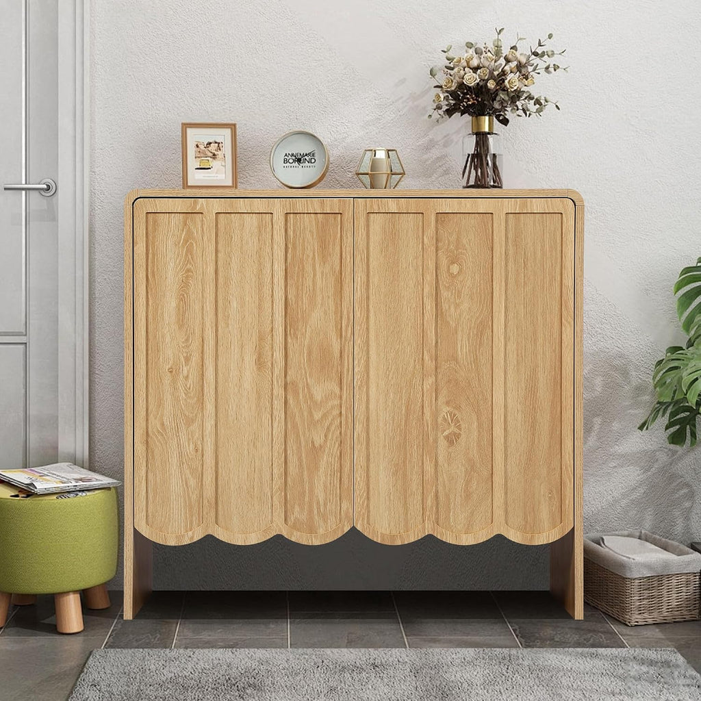 ORRD Sideboard Buffet Cabinet Set of 2, Accent Storage Cabinet with 2 Doors, Farmhouse Wood Cabinet with Adjustable Shelves and Wave Panel for Living Room, Dining Room, Entry - Natural