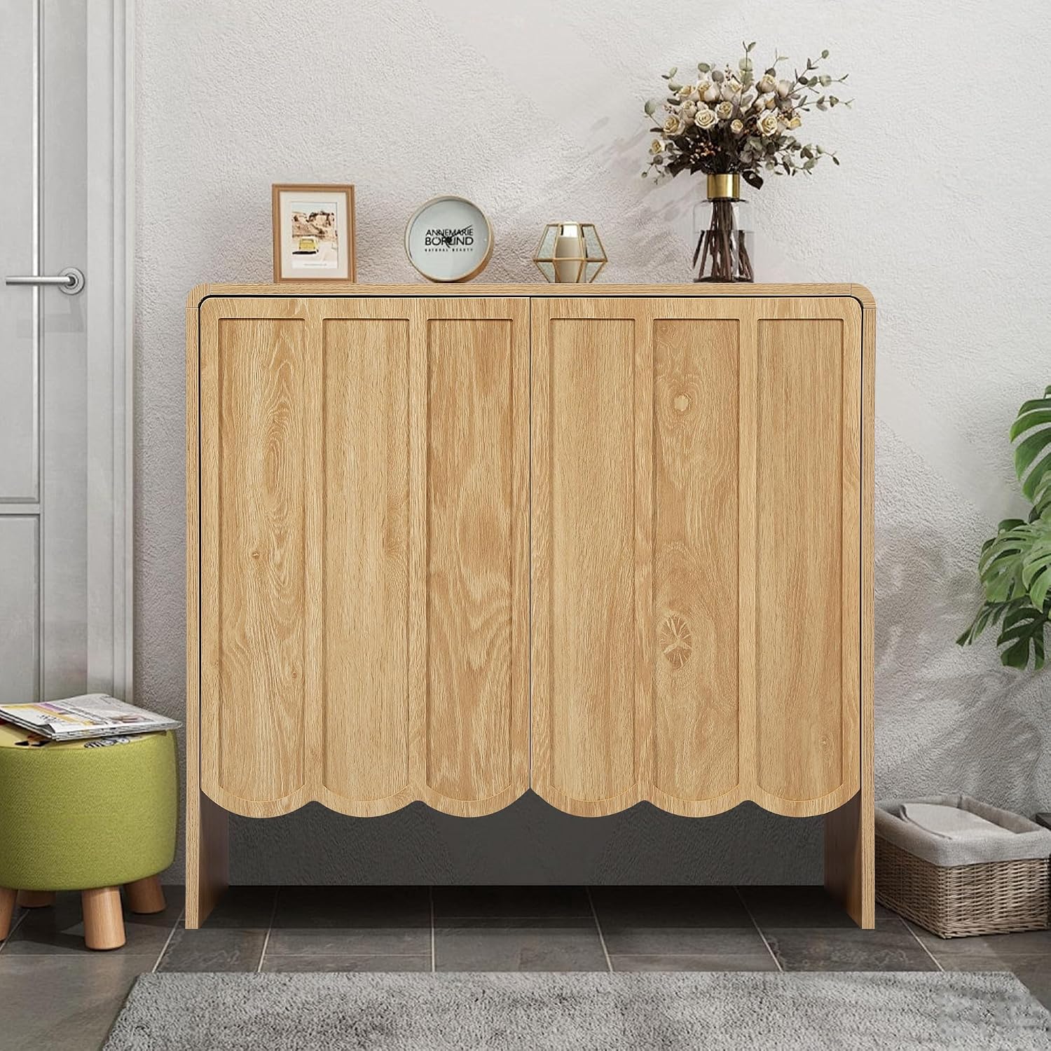 ORRD Sideboard Buffet Cabinet Set of 2, Accent Storage Cabinet with 2 Doors, Farmhouse Wood Cabinet with Adjustable Shelves and Wave Panel for Living Room, Dining Room, Entry - Natural