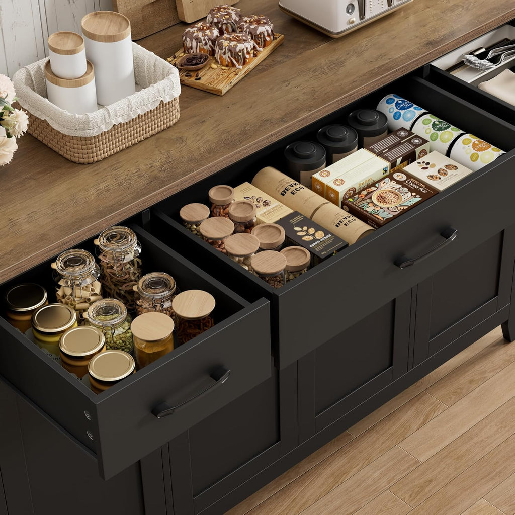 HORSTORS 55' Buffet Cabinet, Modern Farmhouse Sideboard Buffet with Drawers, Large Kitchen Storage Cabinet with Adjustable Shelves, Wood Coffee Bar for Kitchen, Dining Room, Living Room, Black