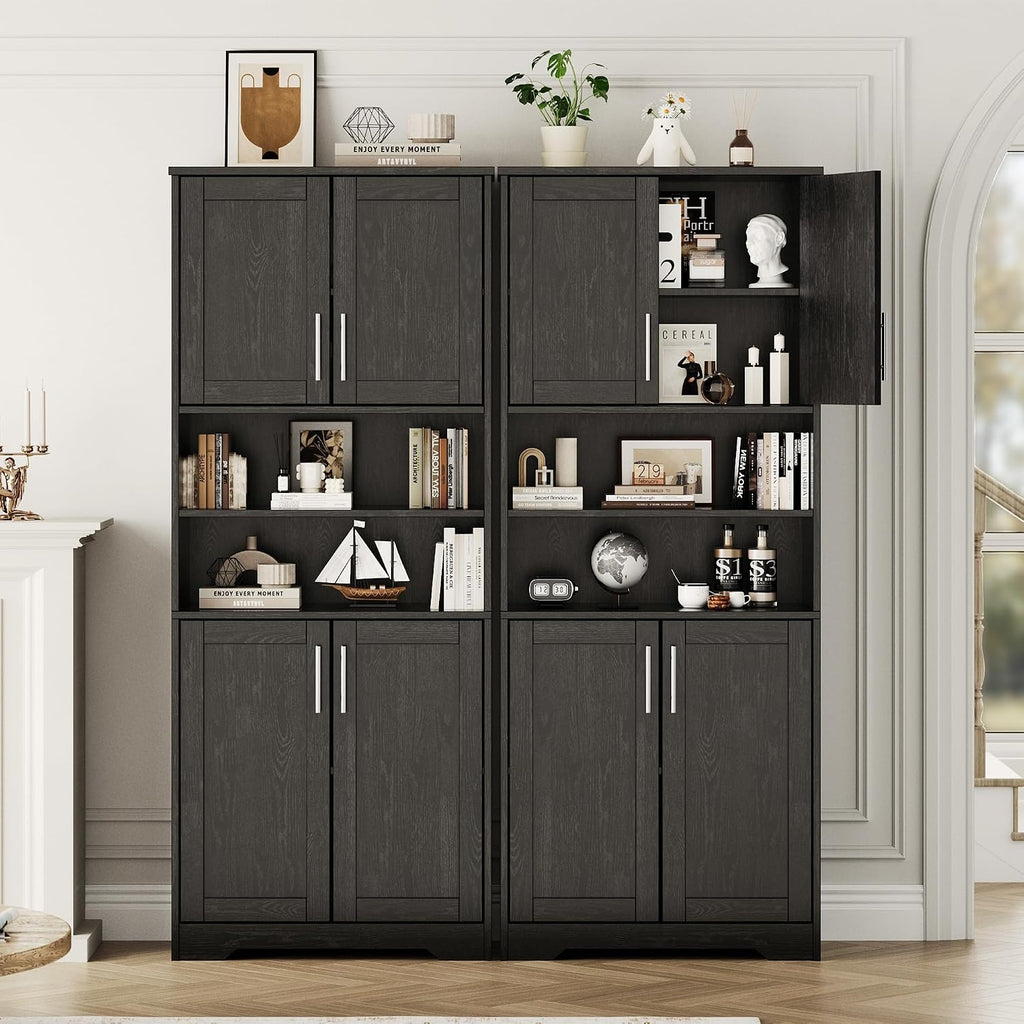 IDEALHOUSE 67' H Tall Storage Cabinet, Freestanding Bathroom Cabinet with 4 Doors and Adjustable Shelves,Modren Cupboard for Kitchen, Pantry, Living Room, Black