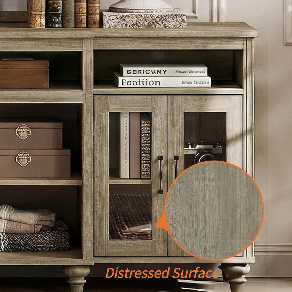 WAMAPT Buffet Cabinet with 4 Glass Doors, Large Coffee Bar Tables Wood Kitchen Storage Cabinets with 9 Storages, Modern Farmhouse Sideboard Credenza, Wash Gray, 70 inch