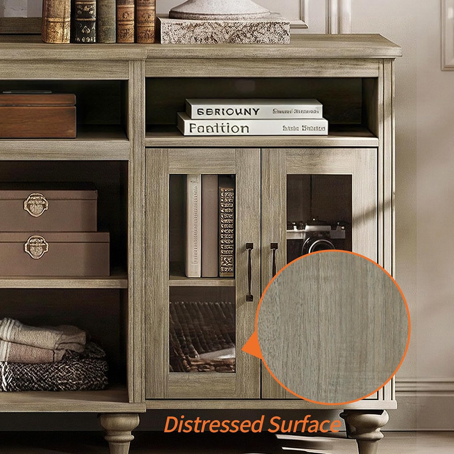 WAMAPT Buffet Cabinet with 4 Glass Doors, Large Coffee Bar Tables Wood Kitchen Storage Cabinets with 9 Storages, Modern Farmhouse Sideboard Credenza, Wash Gray, 70 inch