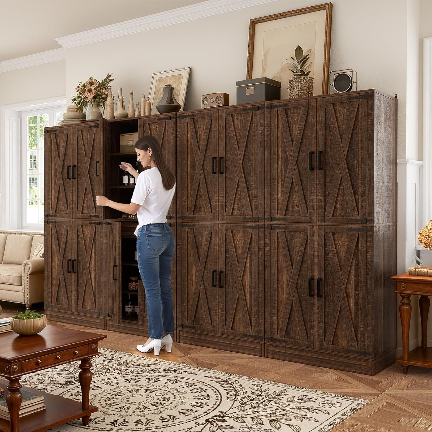 Unikito 71' Tall Kitchen Pantry Cabinet with Farmhouse Barn Doors and Storage Drawer, 8 Adjustable Shelves, Freestanding Cupboard for Dining Room, Living Room, Utility Room, Weathered Brown 2 Pack