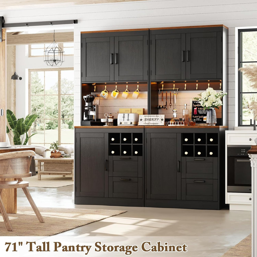 Unikito 72' Tall Kitchen Pantry Cabinet with LED Light & Outlet, Kitchen Hutch Coffee Bar with Microwave Stand, Wine Rack, Drawers and Storage Shelves, Cupboard for Dining Room, Black and Rustic