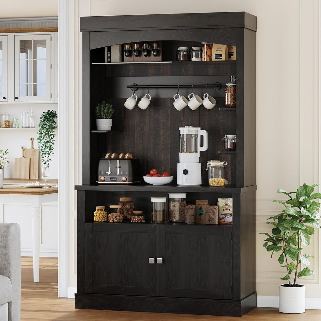 GarveeHome Coffee Bar Cabinet with LED Lights,72 '' Tall Buffet Cabinet with Storage,Farmhouse Kitchen Sideboard Tall Coffee Hutch with Microwave Stand/Wine Rack/Glass Shelf Dining Room (Black)