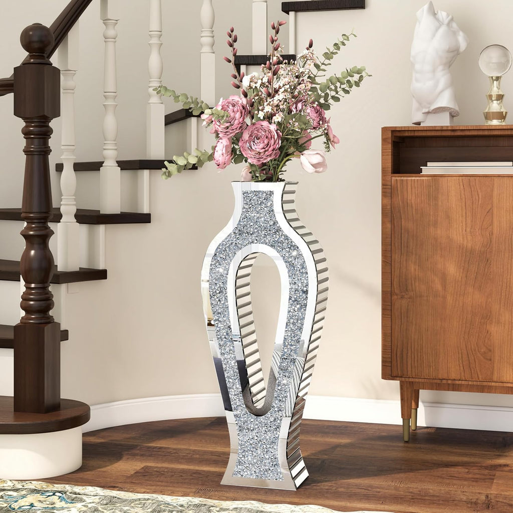 SHYFOY Mirror Floor Vase with Silver Crystal Diamond Accents – Modern Hollow Tall Glass Vases for Living Room Decor, 30'' Large Shiny Bling Vase for Pampas Grass or Faux Flowers