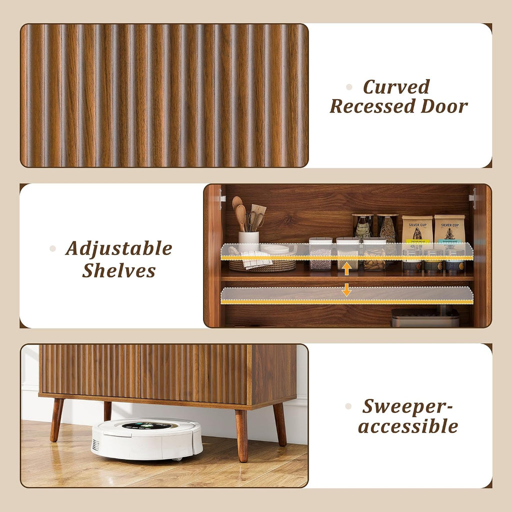 LYNCOHOME Fluted Sideboard Buffet Cabinet with Storage, 2 Doors with Solid Wood Feet for Kitchen, Hallway