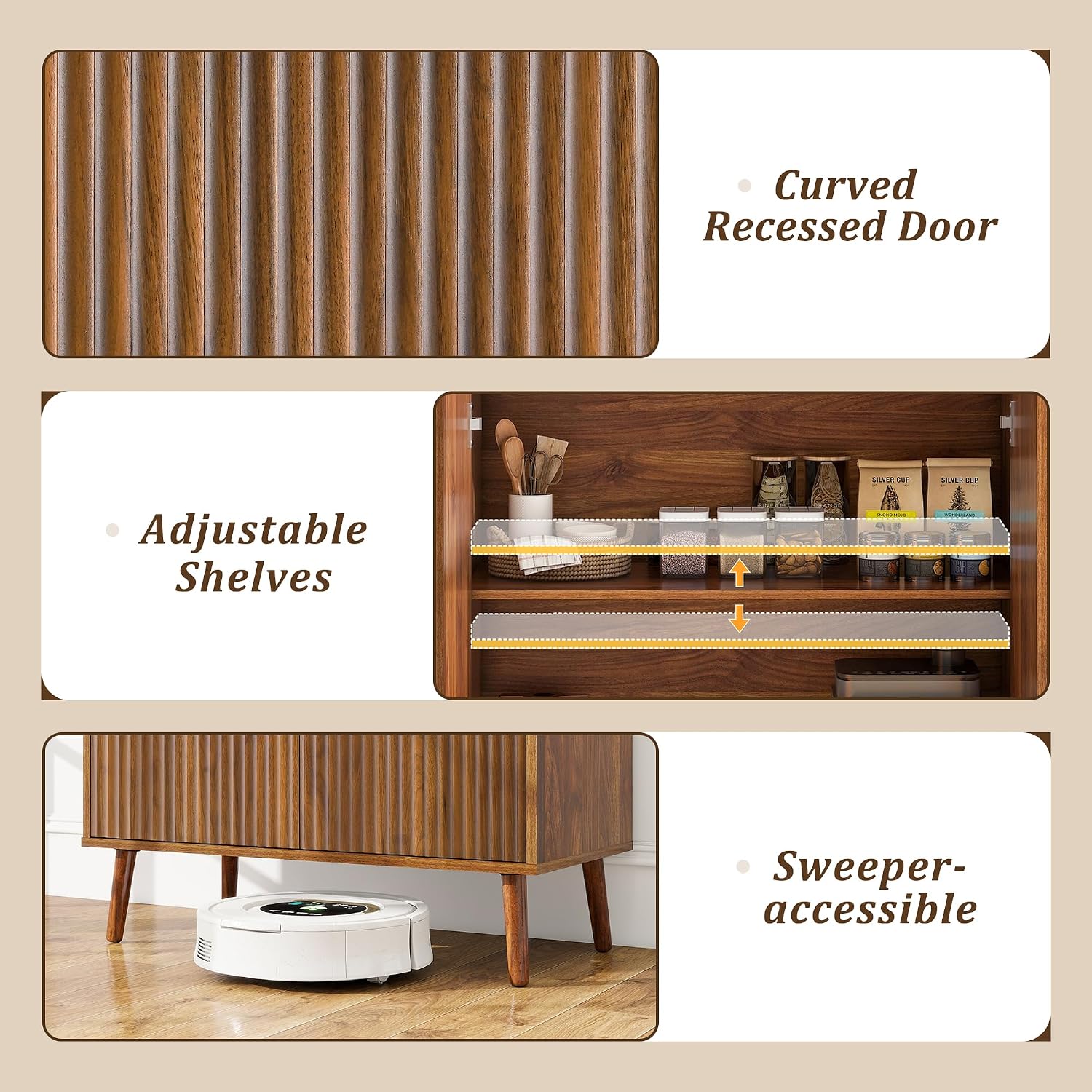 LYNCOHOME Fluted Sideboard Buffet Cabinet with Storage, 2 Doors with Solid Wood Feet for Kitchen, Hallway