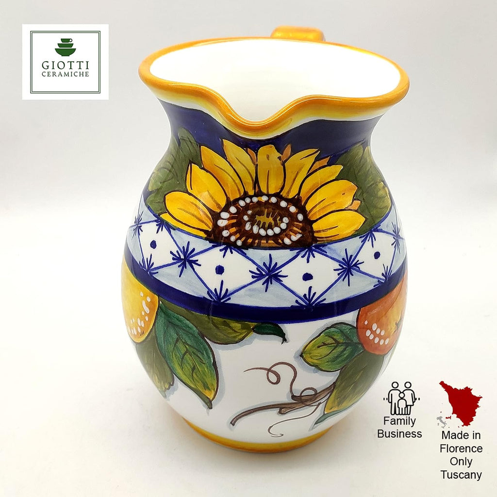 Giotti Ceramiche Italian Ceramic Pitcher Sunflower - 33 oz Hand Painted Utensil Holder or Carafe for Kitchen - Made in Italy Tuscany - Pottery Vase Jar for Wine - Home Decor Ceramics Dispenser