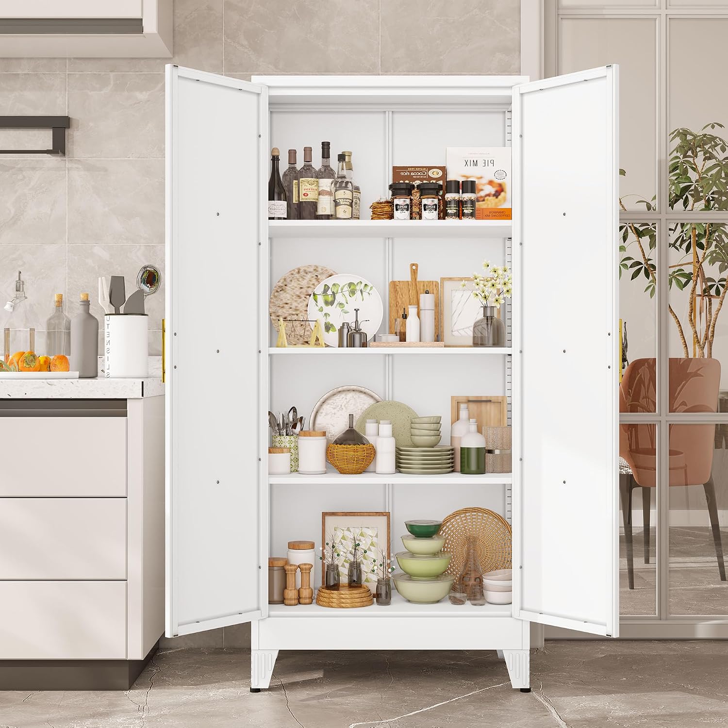 61' Kitchen Pantry Cabinet, Metal Storage Cabinet with 2 Doors and 3 Adjustable Shelves, White Food Pantry Cupboard for Kitchen, Dining Room, Living Room and Bathroom (White)