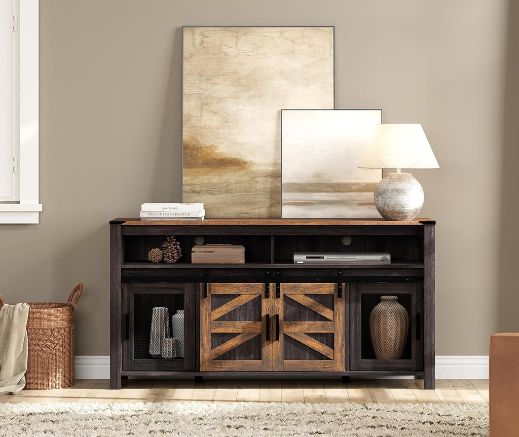 WAMPAT Farmhouse Buffet Cabinet, Rustic Sideboard with Sliding Barn Doors, 59' Coffee Bar Storage Cabinet with Mesh Doors, Cupboard Table for Kitchen, Dining Room, Living Room，Antique Black & Brown