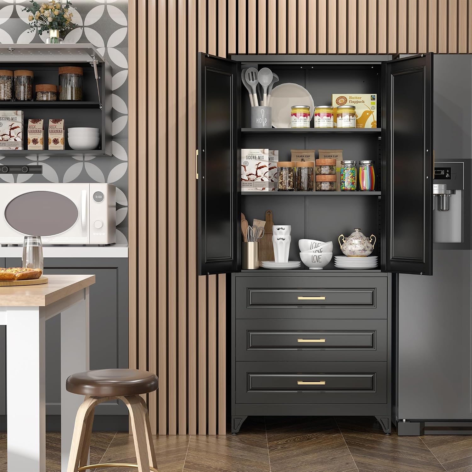 SteeLoong 75' Kitchen Pantry Cabinet with 3 Drawers,Metal Storage Cabinets with Doors and 2 Adjustable Shelves,Black Kitchen Cabinet with 2 Gold Handles,Food Cupboard for Livingroom, Bathroom,Pantry