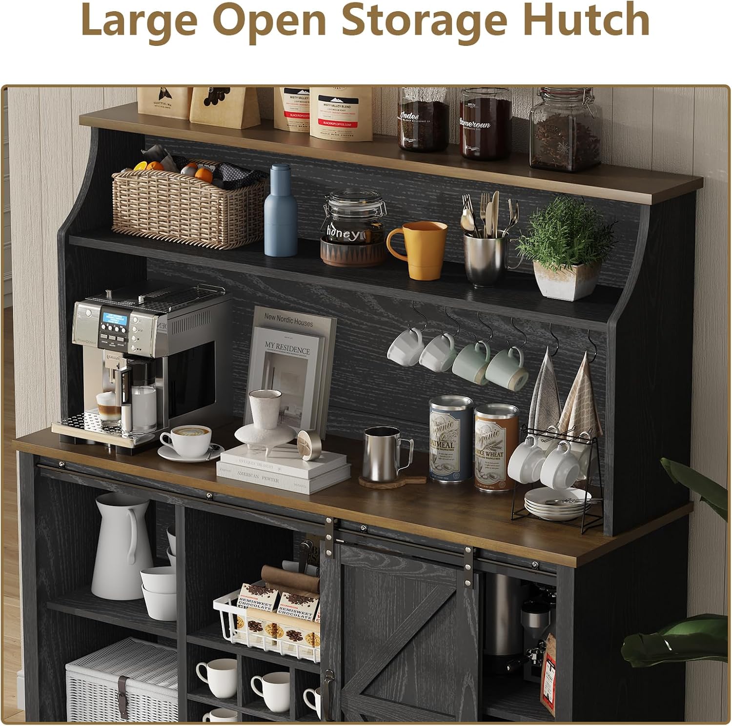 55 Inch Farmhouse Coffee Bar Cabinet with 3-Tier Enclosed Storage Cabinet, Kitchen Hutch with 12 Wine Racks & 3 Glass Holders, Coffee Bar with 6 Hooks, Wood Furniture for Dining Living Room, Black
