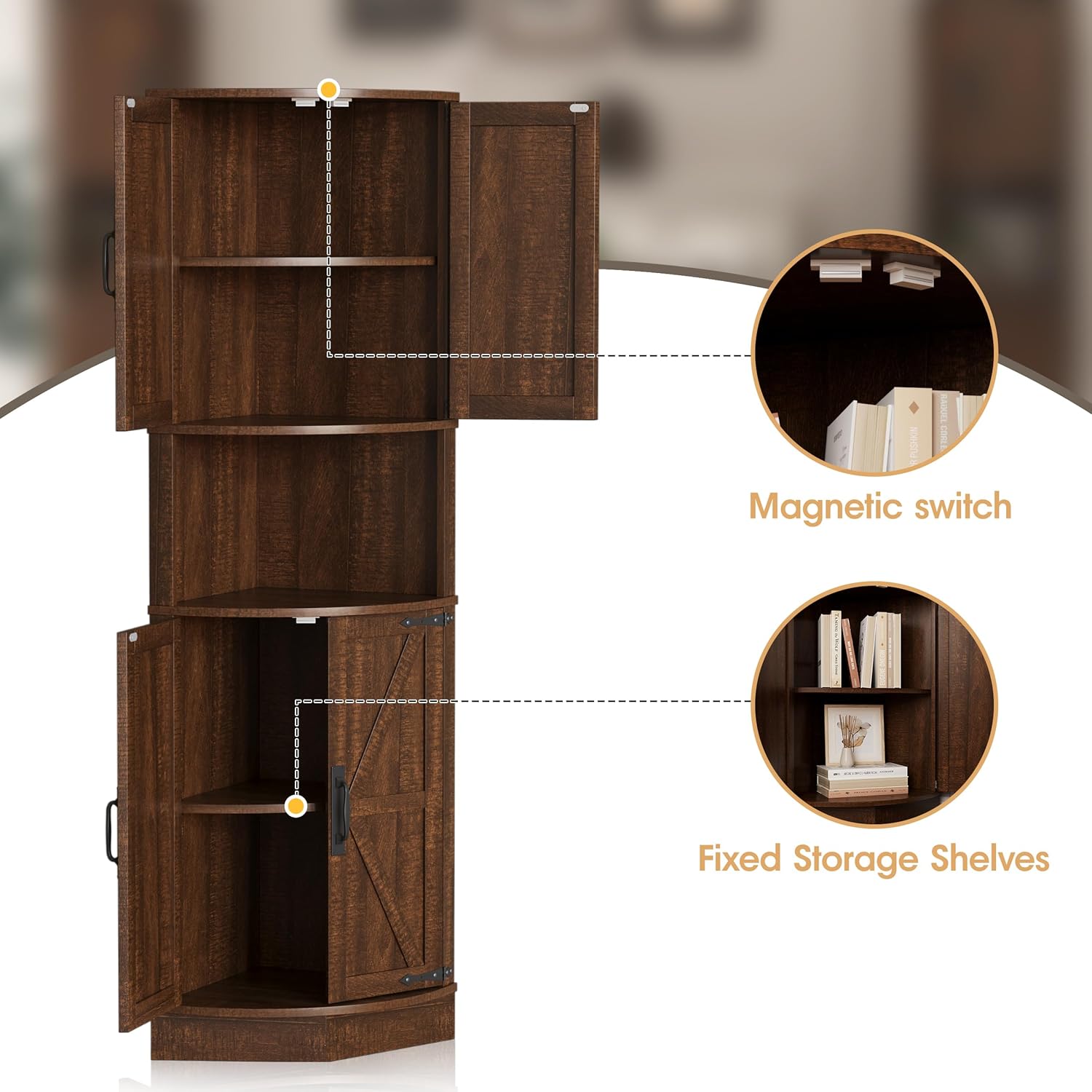 Vabches 64.8' Tall Farmhouse Corner Cabinet with 4 Doors and 5 Storage Shelves, Farmhouse Storage Cabinet with Barn Door Design, Home Space Saver for Living Room, Kitchen, Laundry Room,Brown
