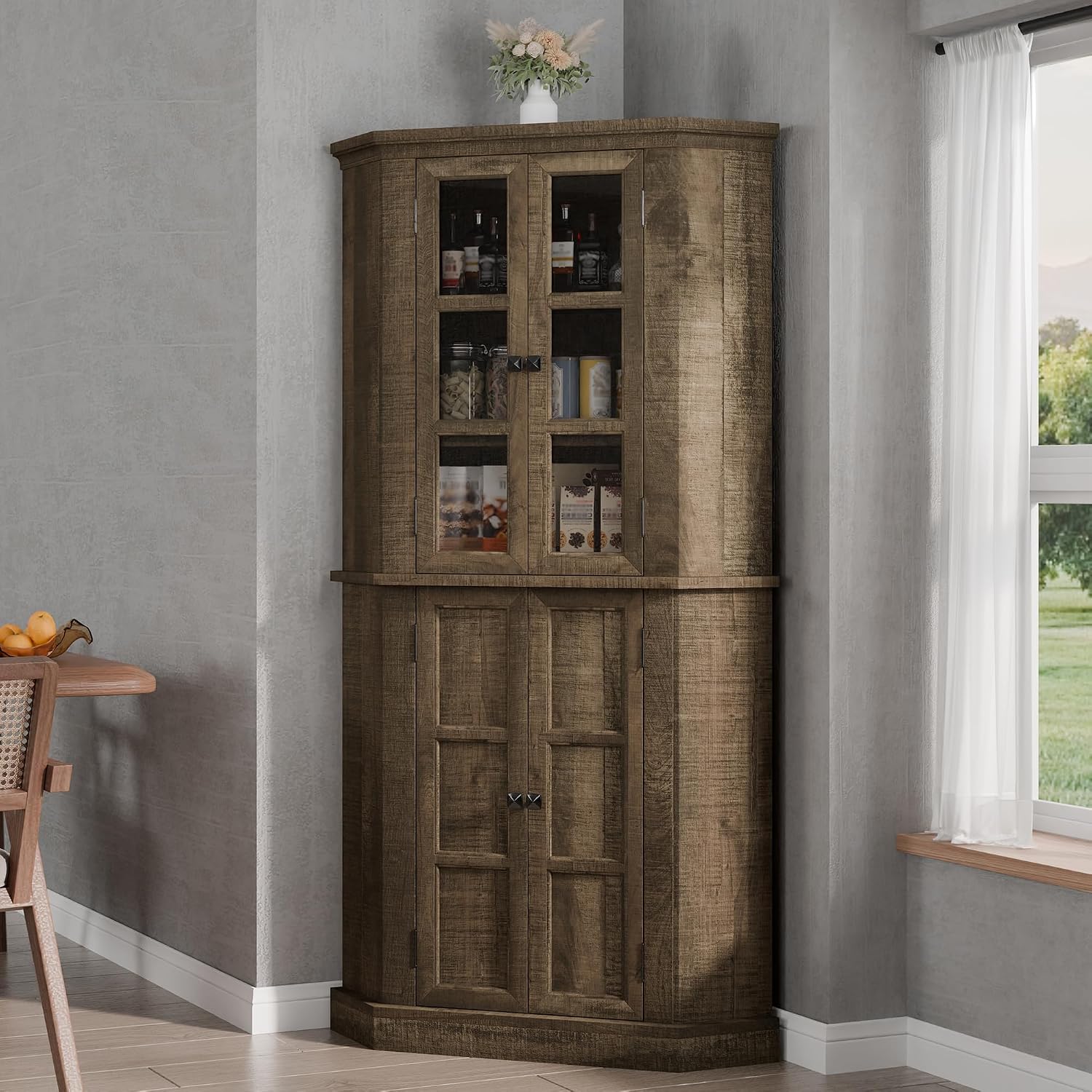 Betterhood Corner Cabinet, 67' Tall Kitchen Pantry Storage Cabinet with Glass Doors and Adjustable Shelves, Freestanding Food Pantry Farmhouse Furniture for Kitchen,Living Room, Rustic Brown