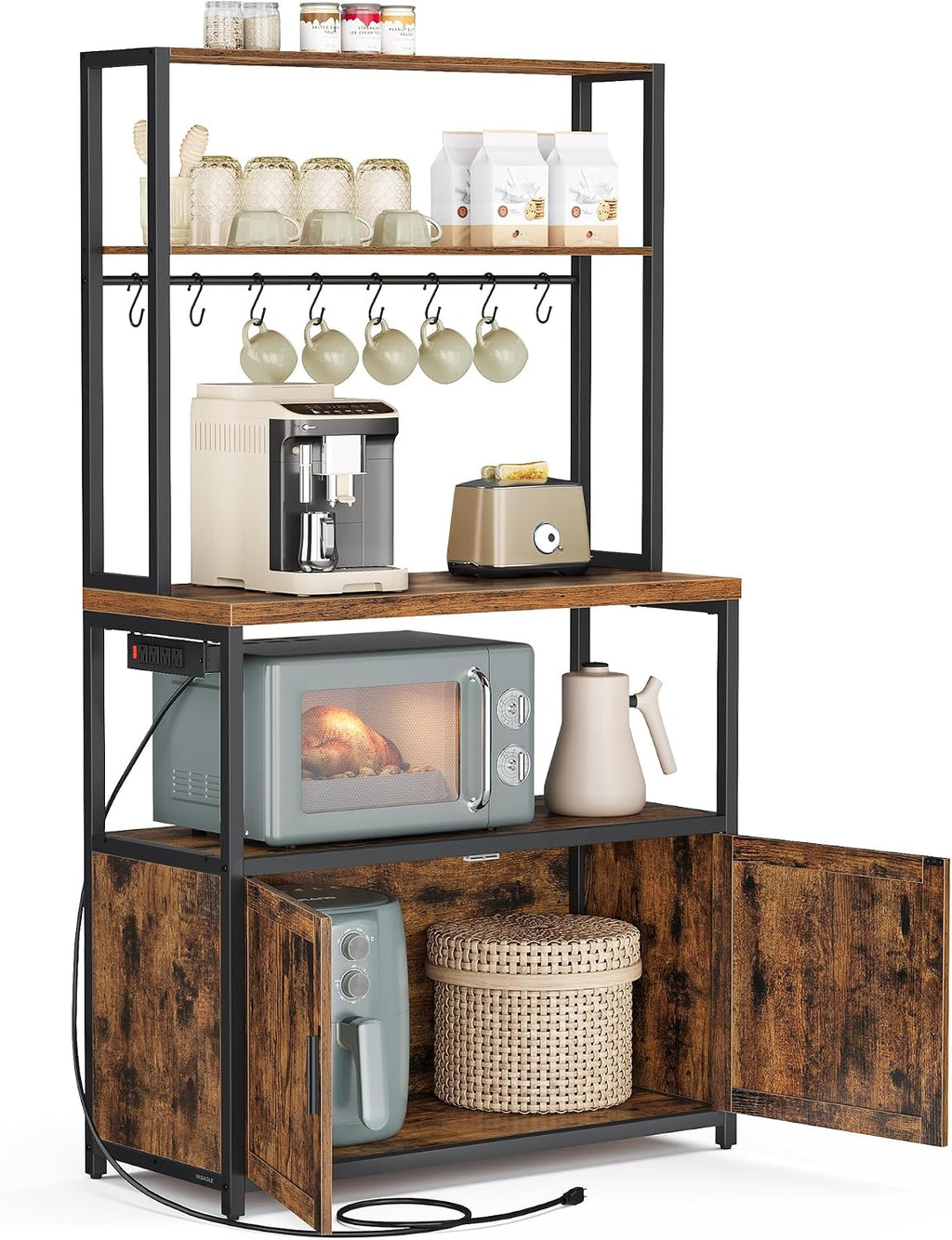 VASAGLE Kitchen Bakers Rack with Power Outlet, Coffee Bar with 35.4-Inch High Worktop, Microwave Stand with 8 Hooks, 15.7 x 31.5 x 66.9 Inches, Rustic Brown and Ink Black UKKS059K01
