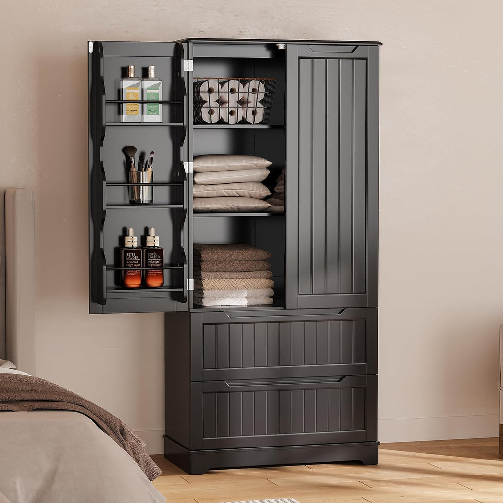 Gizoon Kitchen Storage Cabinets with Drawers Freestanding Kitchen Pantry with Doors and Shelves, 63' Food Pantry Cabinet for Dining Room Craft Room, Black, Painted
