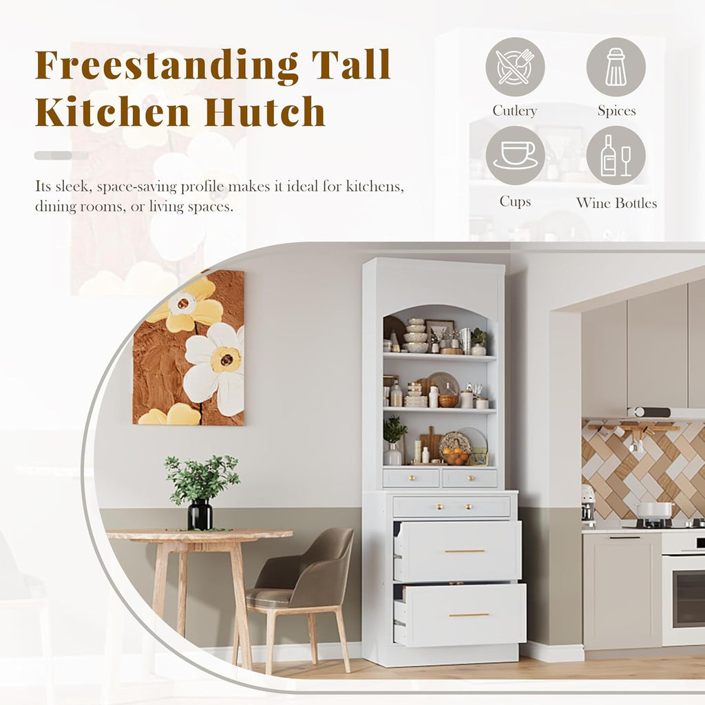 84' Freestanding Storage Cabinet with 5 Drawers, Kitchen Storage Bakers Rack with Faux Marble Top, Utility Food Cupboard with Adjustable Shelf for Kitchen Dining Room, White