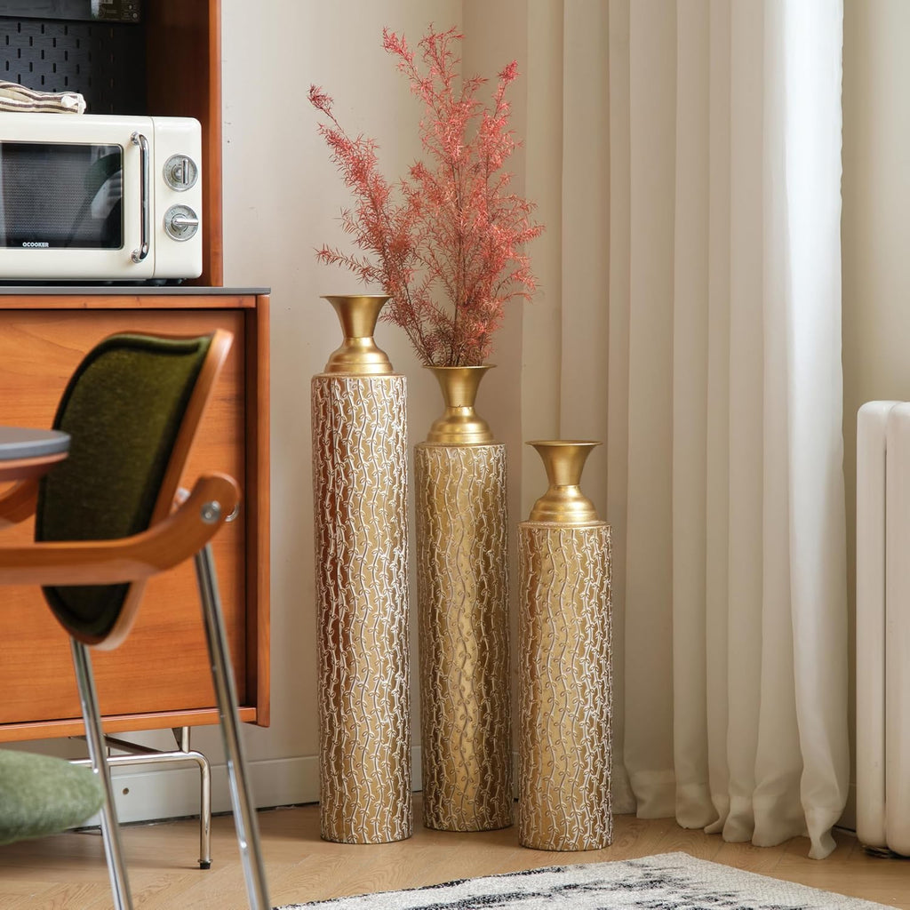Floor Vases Decorative Tall - 34/29/25in Metal Extra Large Decorative Vase Set of 3, Gold Tall Floor Vase for Home Decor, Living Room Entryway Decor Dining Bedroom Home Corner Indoor Office