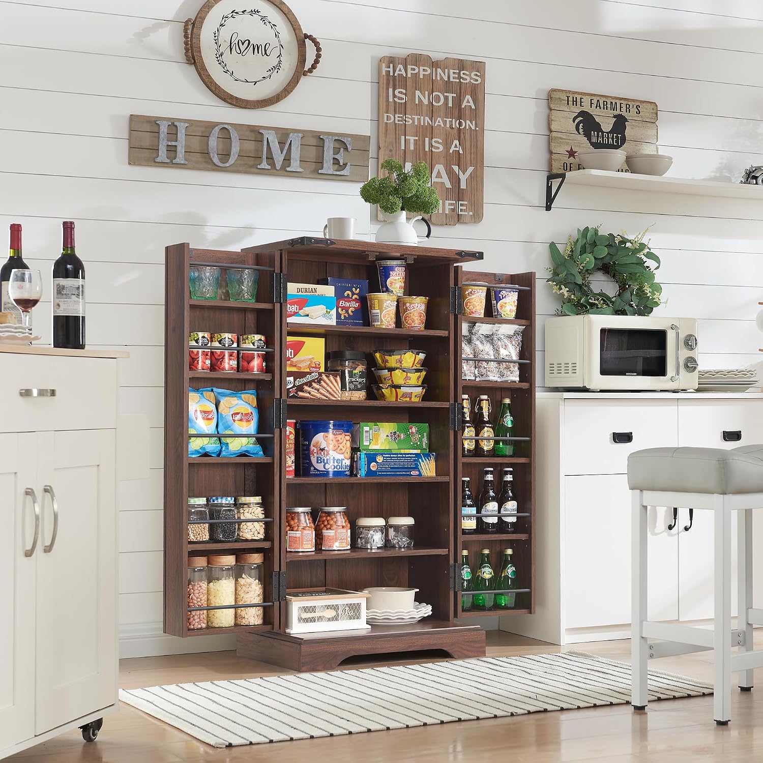 ACCOHOHO 47' Kitchen Pantry, Farmhouse Storage Cabinet with Barn Doors, Organizer and Adjustable Shelves, Rustic Wood Cupboard for Kitchen, Dining Room, Bathroom and Hallway, Brown