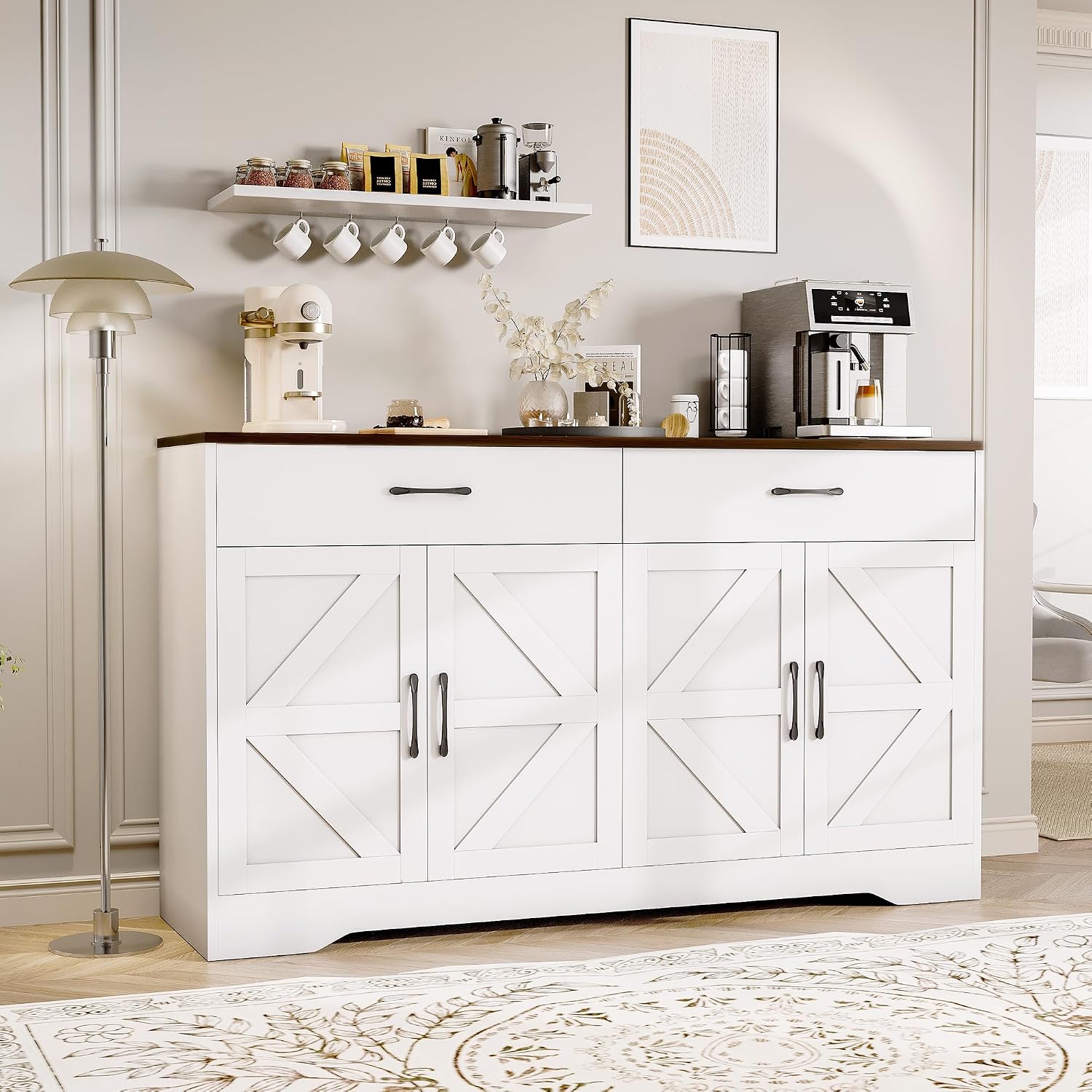 55' Sideboard Buffet Cabinet with Storage, Large Kitchen Storage Sideboard with Drawers & Doors, Modern Wood Farmhouse Coffee Bar Cabinet, Buffet Table for Kitchen, Dining Room, Living Room, White