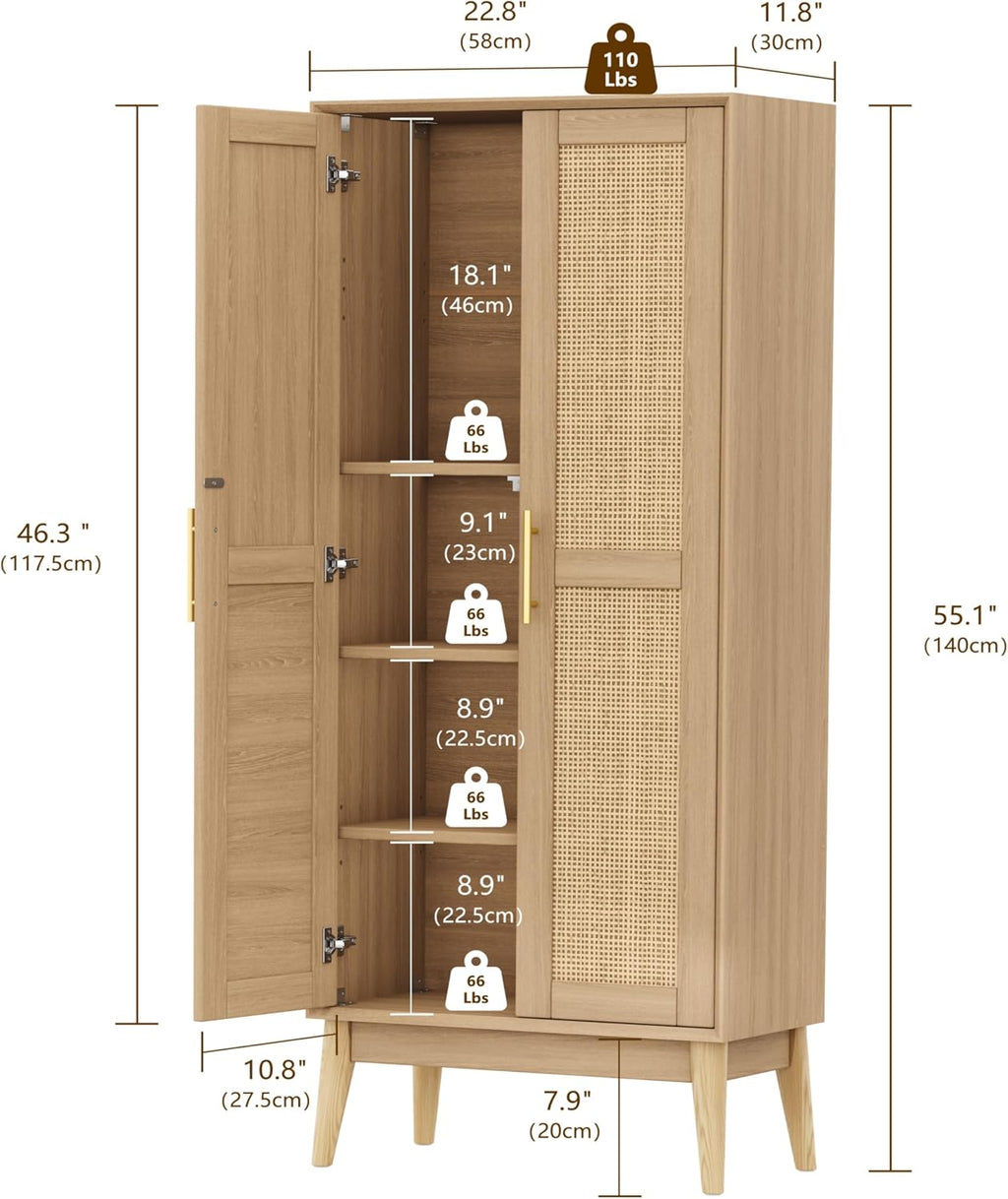 Keehusux 55' Rattan Tall Storage Cabinet, Bathroom Floor Cabinet with 2 Doors, Adujustable Shelf and Solid Wood Legs, Cupboard, Kitchen Pantry for Living Room, Dining Room, Natural KES020MCWG