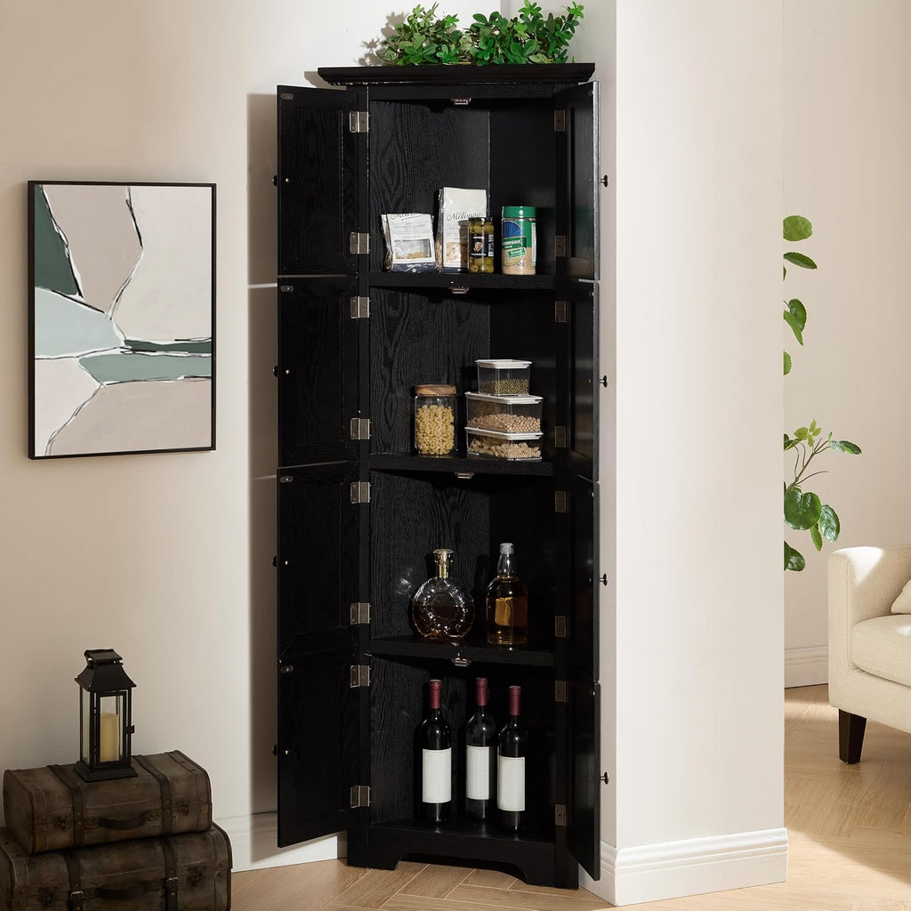 72' Corner Design Freestanding Storage Cabinet, Kitchen Storage Bakers Rack with Sleek Metal Handles, Utility Food Cupboard with 4-Tier Shelves for Kitchen, Bathroom, Living Room, Black