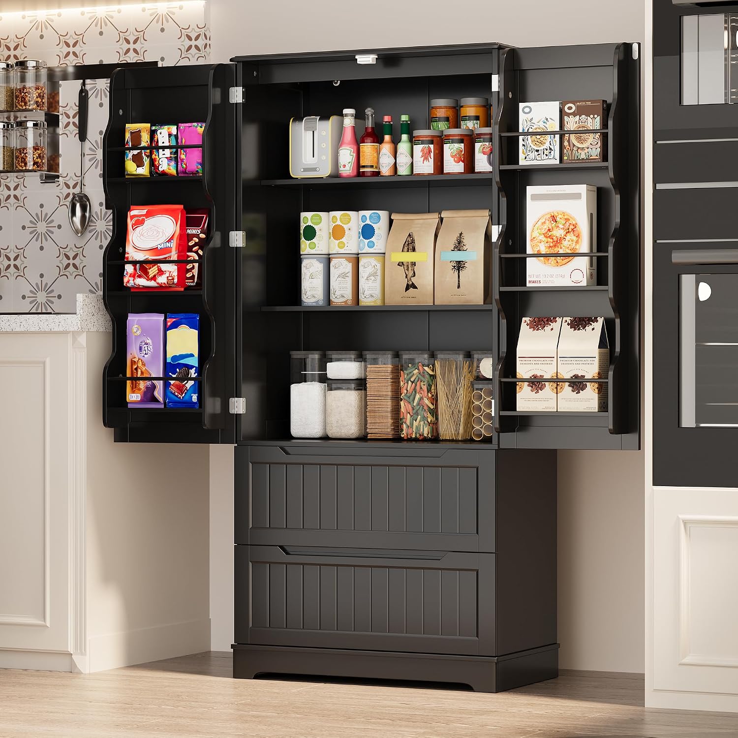 Gizoon Kitchen Storage Cabinets with Drawers Freestanding Kitchen Pantry with Doors and Shelves, 63' Food Pantry Cabinet for Dining Room Craft Room, Black, Painted