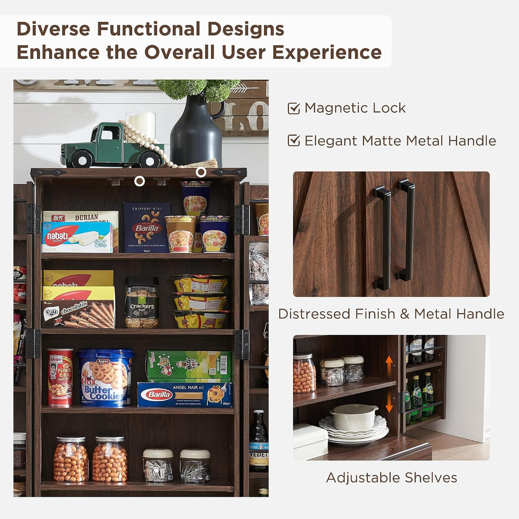 ACCOHOHO 47' Kitchen Pantry, Farmhouse Storage Cabinet with Barn Doors, Organizer and Adjustable Shelves, Rustic Wood Cupboard for Kitchen, Dining Room, Bathroom and Hallway, Brown