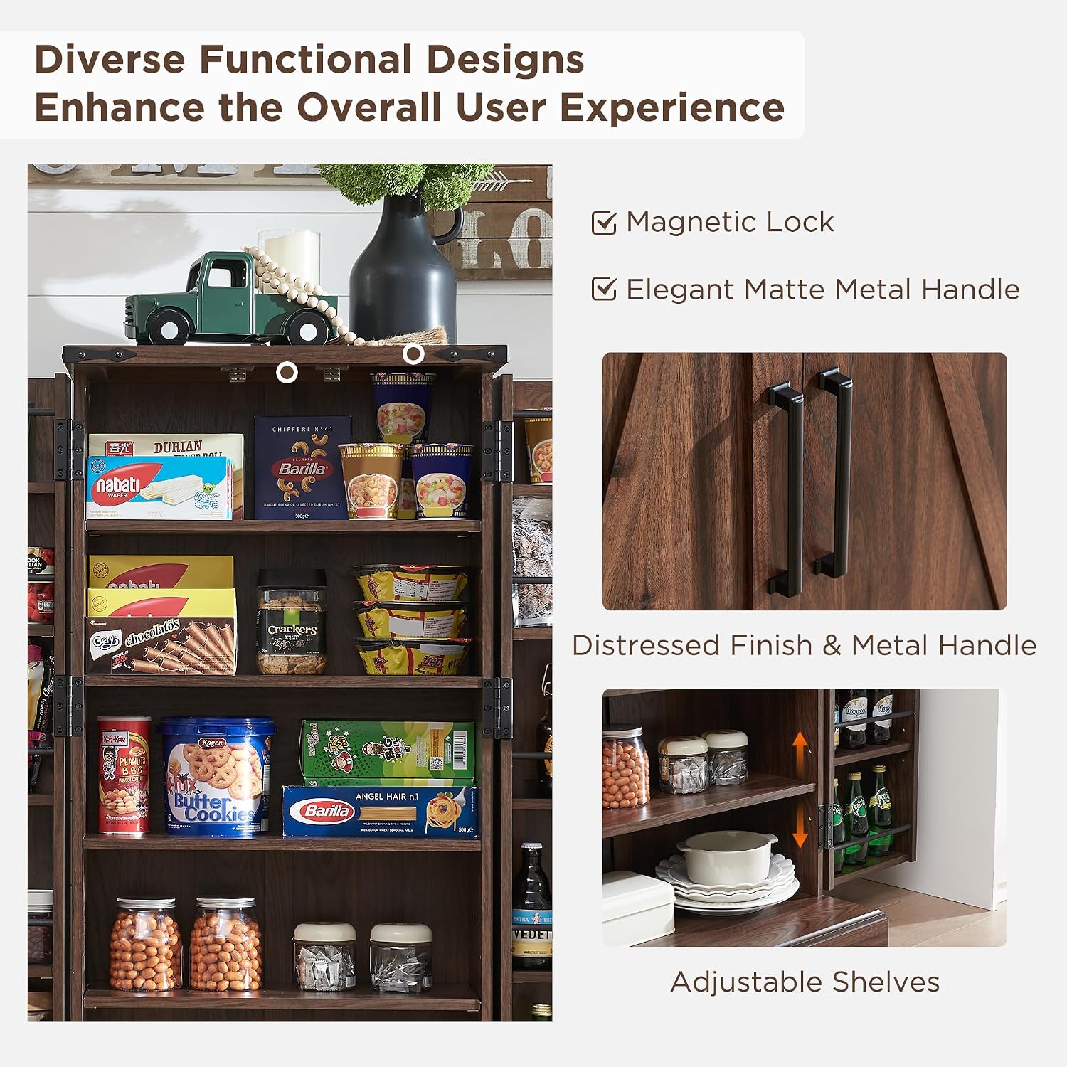 ACCOHOHO 47' Kitchen Pantry, Farmhouse Storage Cabinet with Barn Doors, Organizer and Adjustable Shelves, Rustic Wood Cupboard for Kitchen, Dining Room, Bathroom and Hallway, Brown