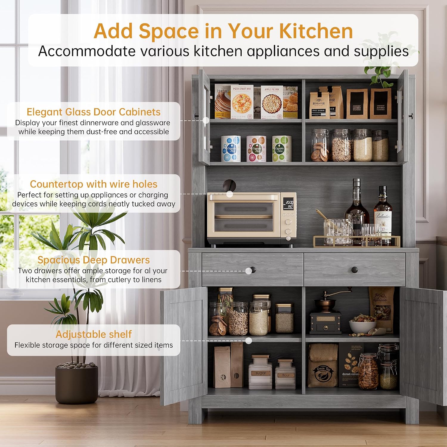 GarveeHome Farmhouse Pantry Cabinet, Kitchen Pantry Storage Cabinet with Microwave Stand, Rustic Buffet Sideboard with Sliding Door, Freestanding Cupboard with Shelves for Dining Room, Dark Grey