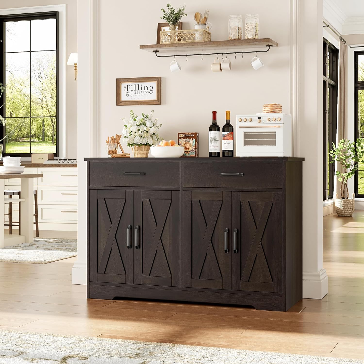HOSTACK Buffet Cabinet with Storage, 47.2' Kitchen Sideboard Buffet with Drawers, Modern Farmhouse Coffee Bar Station with Shelves, Barn Doors Storage Cabinet for Living Room, Dark Brown