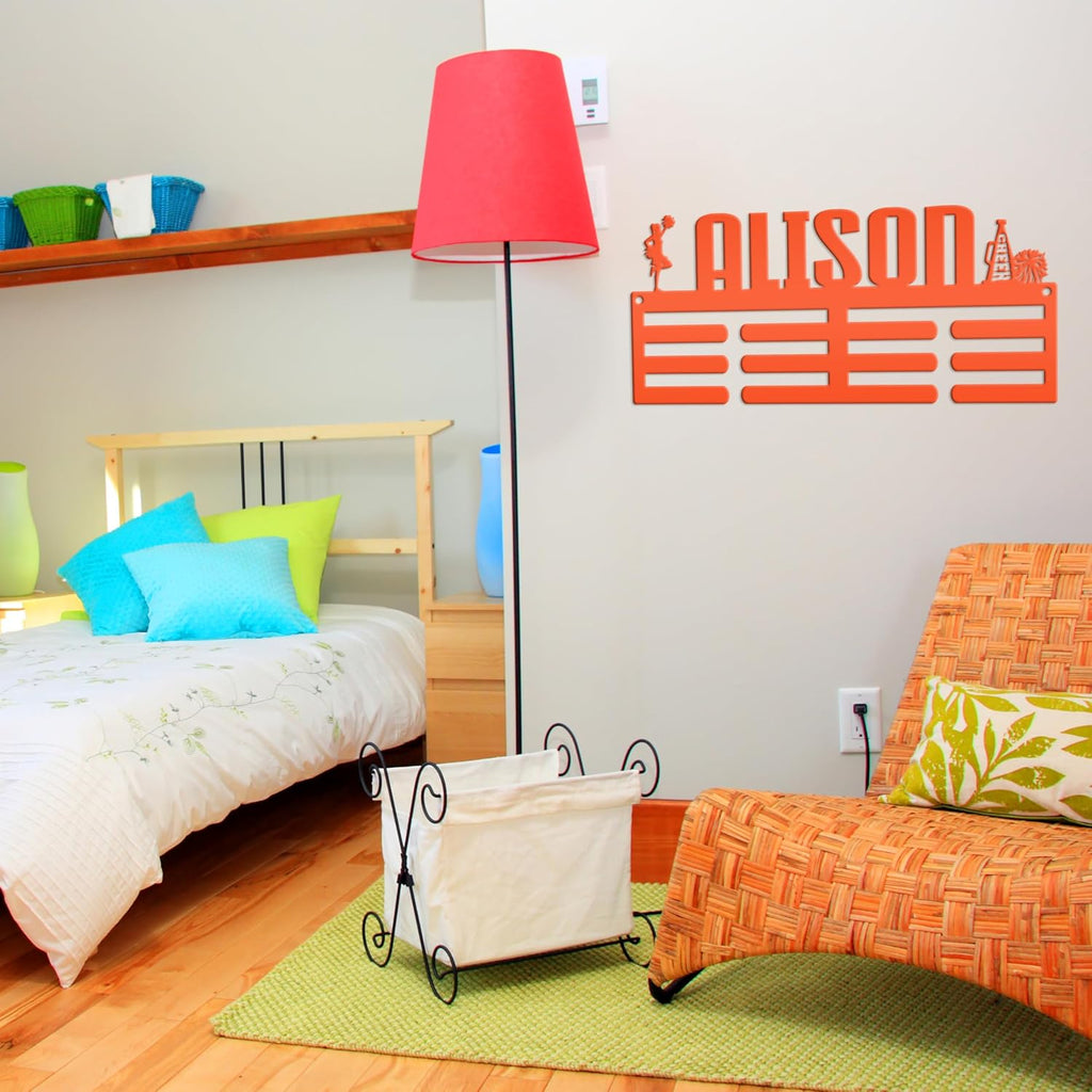 Medal Holder, Custom Cheerleading Name Sign, Personalized Award Wall Rack, Customized Gift for the Cheerleader, Metal Bedroom Wall Decor (30 x 17 inches)
