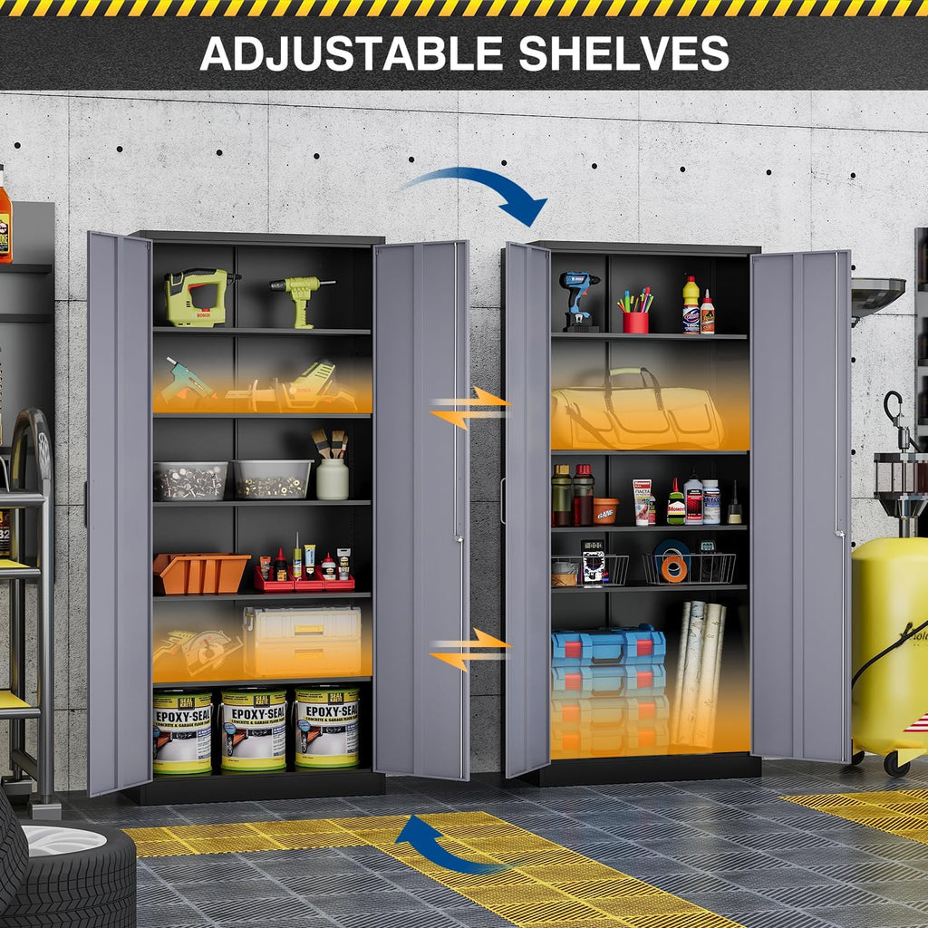 Fesbos Metal Cabinet Steel Storage Cabinet - 71' Tall File Cabinets with Lockable Doors and 5 Adjustable Shelves Black&Gray Steel Storage Cabinets for Home, School, Office, Garage