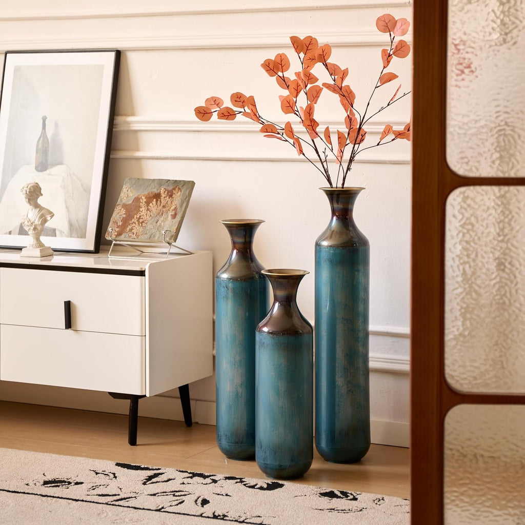 Aqua Blue Tall Floor Vase - 20.4/24.4/28.34 in Metal Droplet-Shaped Vases Extra Large Decorative Vase Set of 3 Living Room Modern Gorgeous Home Decoration Large Glazed Metal Vase