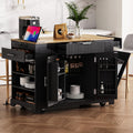 Fluted Rolling Kitchen Island Cart on 5 Wheels with Trash Can Storage Cabinet, Power Outlet, 3 Drawer, 3 Open Side Racks, 10 Gallon Garbage Bin for Kitchen, Dining Room, Black