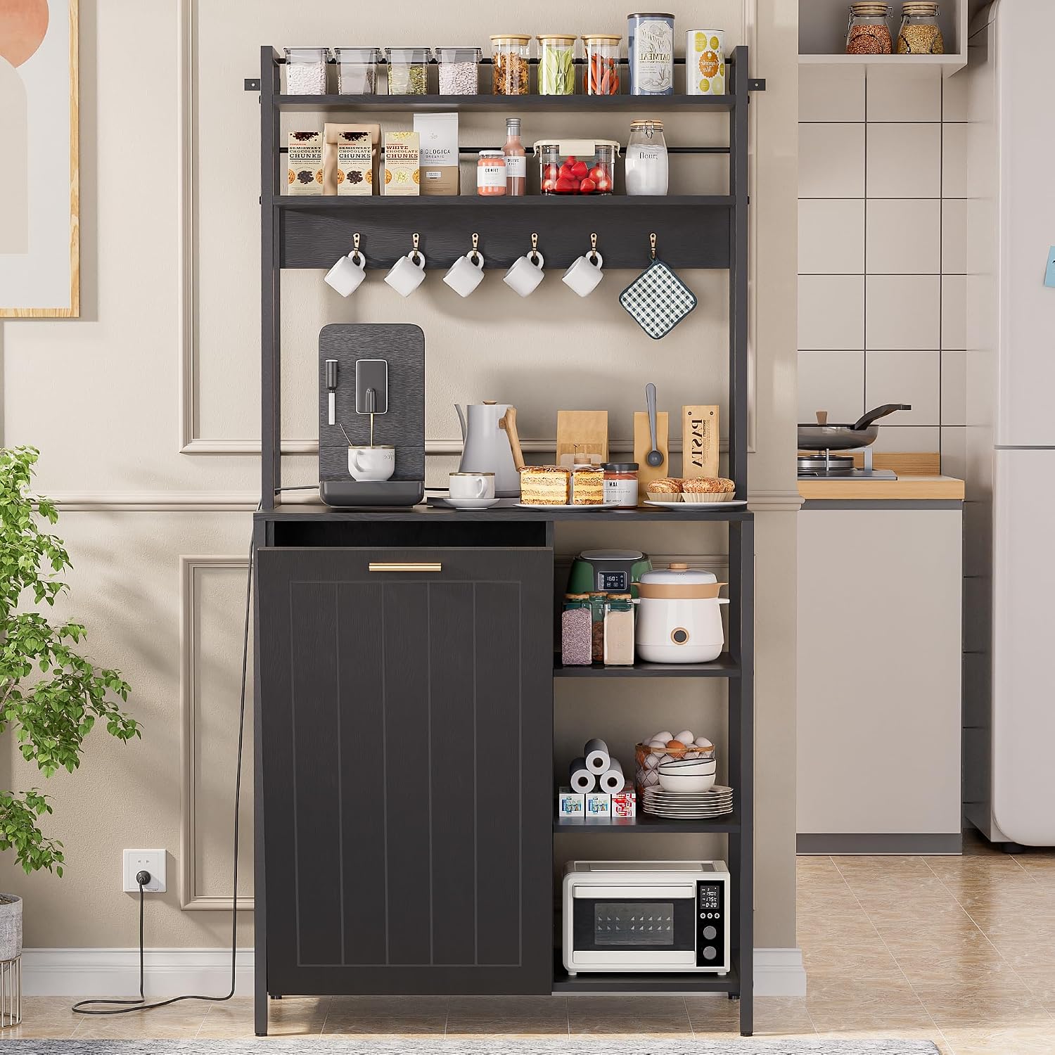 Kitchen Bakers Rack with Storage Shelf - 6-Tier Microwave Stand Oven Cabinet W/Tilting Trash Can Bin and Power Outlet, Farmhouse Thickened Coffee Bar Table Station W/6 Hooks&Adjustable feet