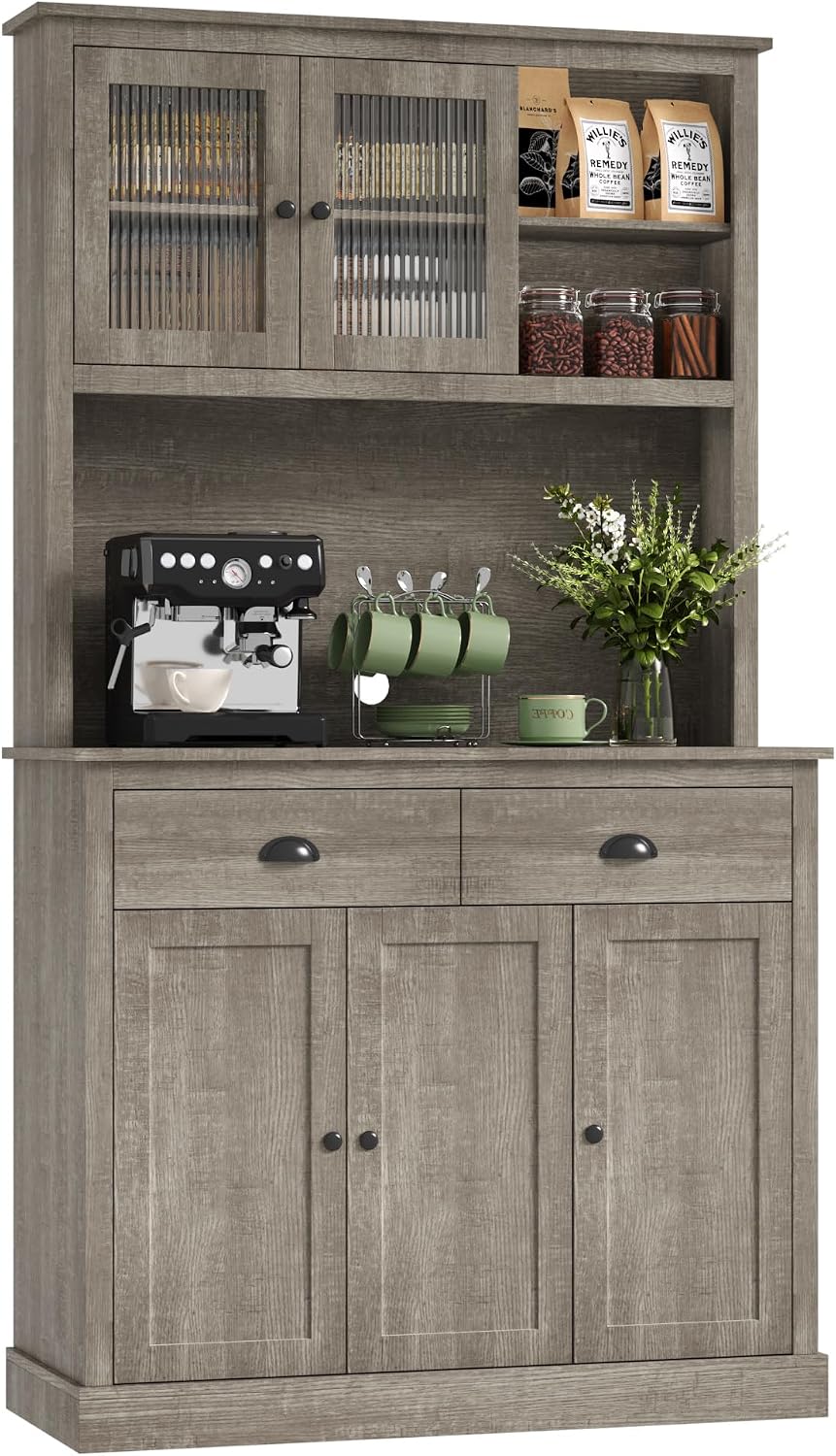 GarveeHome Pantry Cabinet with Drawers and Adjustable Shelves, 71' Tall Freestanding Kitchen Cabinet with Microwave Stand, Kitchen Hutch for Dining Room, Rustic Grey