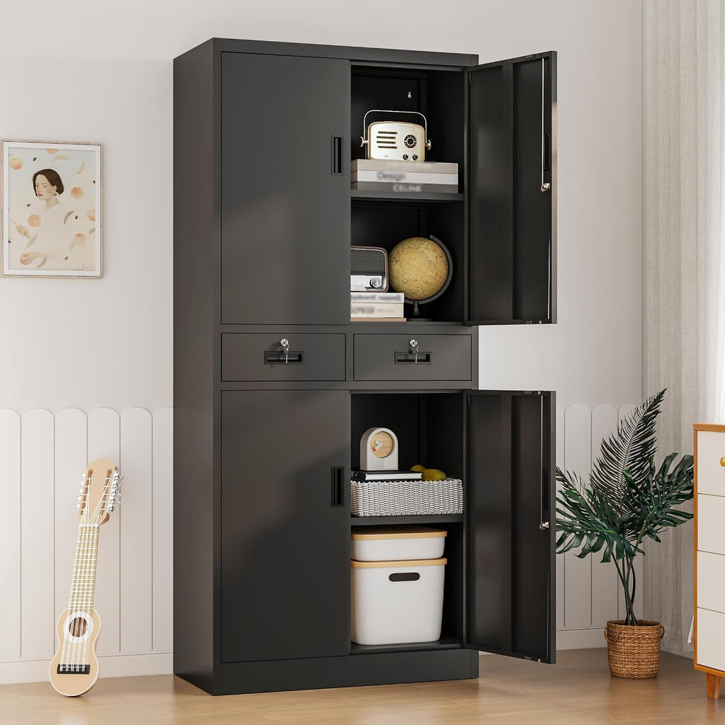 Wanfu Metal Storage Cabinet, 71' Locking Storage Cabinet with Adjustable Shelves and 2 Drawers, Steel Cabinets for Office, Garage, Home, School, Utility Room(Black)