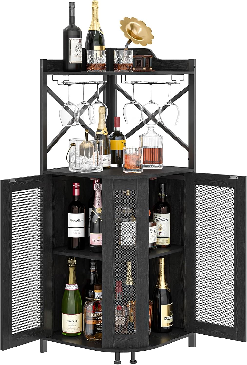 JKsmart Corner Bar Cabinet with LED Lights,4-Tier Wine Bar Cabinet with Glass Holder,Industrial Liquor Cabinet with Door and Shelf,Farmhouse Home Bar for Liquor Wine Coffee Storage,Black