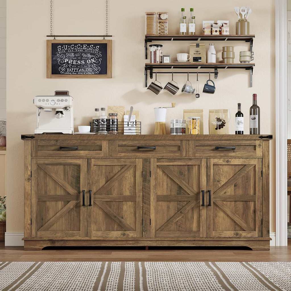 usikey 61' Large Buffet Cabinet with 4 Doors and 3 Drawers, Farmhouse Buffet Sideboard Cabinet with Storage, Coffee Bar Wine Bar for Living Room, Honey Brown