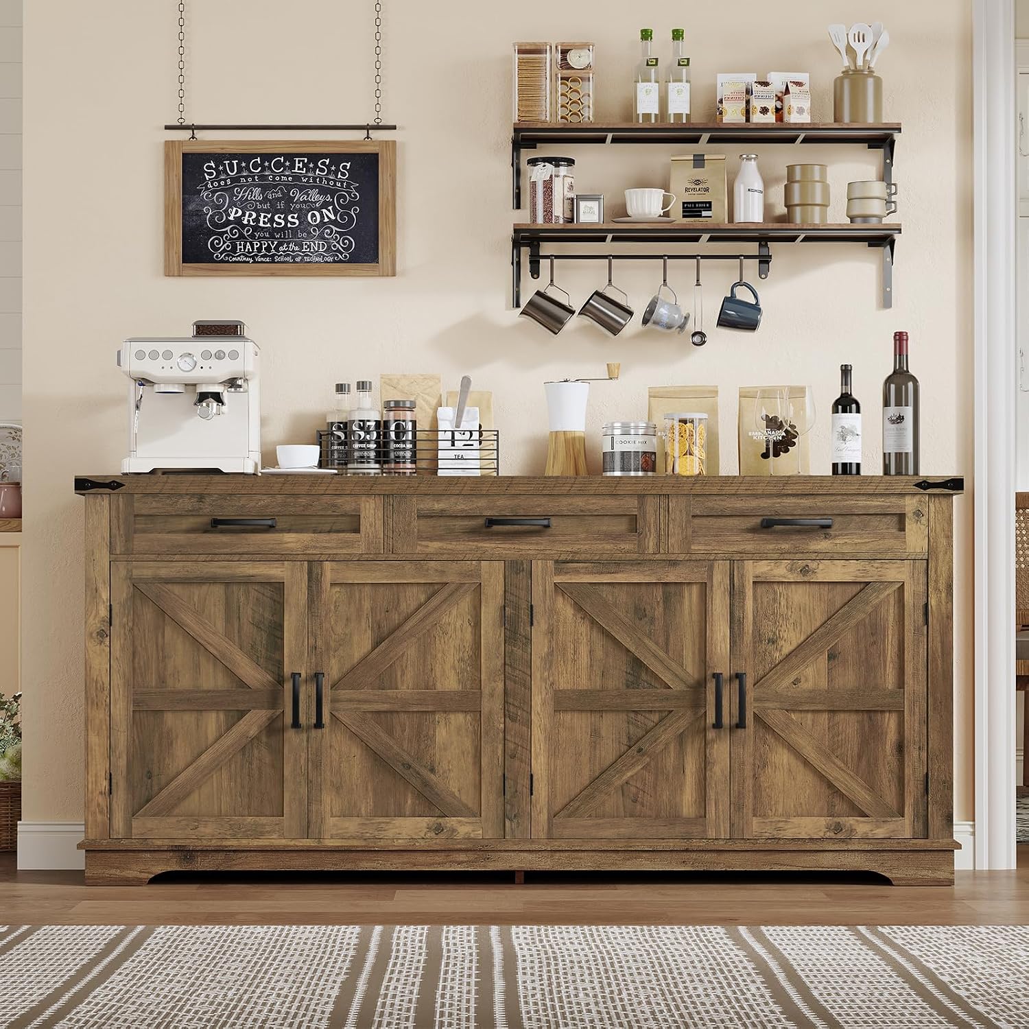 usikey 61' Large Buffet Cabinet with 4 Doors and 3 Drawers, Farmhouse Buffet Sideboard Cabinet with Storage, Coffee Bar Wine Bar for Living Room, Honey Brown
